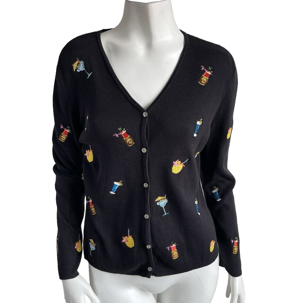 Vintage Cardigan Cocktail Drinks Embroidered Sweater M Cottage Boho Vacation